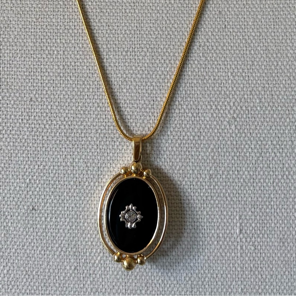 A Victorian Style, Faux Onyx Pendant. Avon’s 1983 Oval Gold Tone w/ Black & Gold